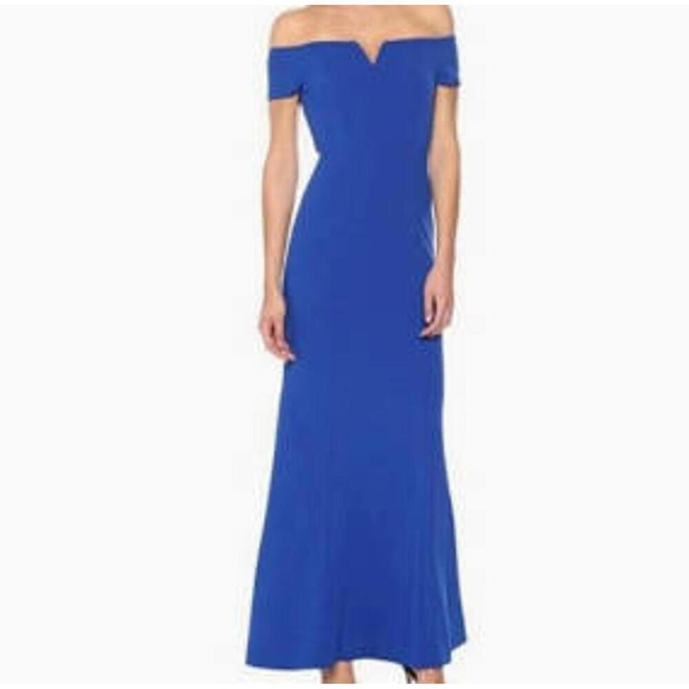 Calvin Klein Blue Ponte Knit Off Shoulder Bodycon Evening Gown Maxi Dress Glam